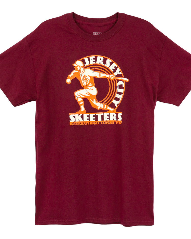EFF Jersey City Skeeters 1933 T-Shirt in maroon features a vintage baseball player graphic with Jersey City Skeeters International League 1933 in white and orange—ideal for historic team apparel fans.