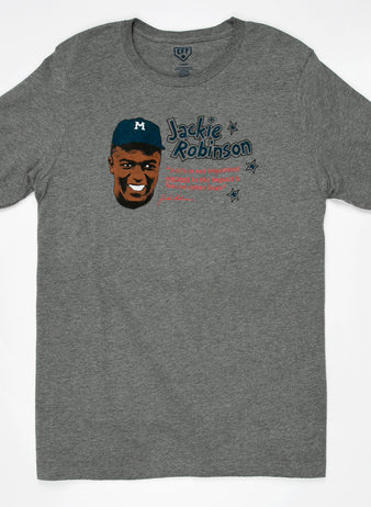 The Jackie Robinson Illustration T-Shirt by Ebbets Field Flannels is a gray unisex heathered tee featuring an illustrated portrait, his name, quote, and stars—a must-have for any Jackie Robinson fan.