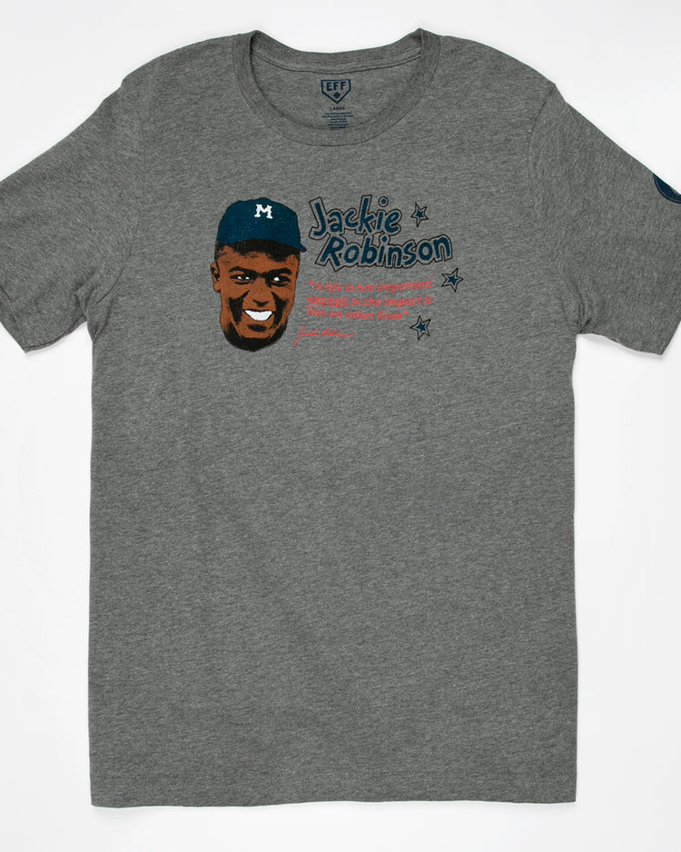 The Jackie Robinson Illustration T-Shirt by Ebbets Field Flannels is a gray unisex heathered tee featuring an illustrated portrait, his name, quote, and stars—a must-have for any Jackie Robinson fan.