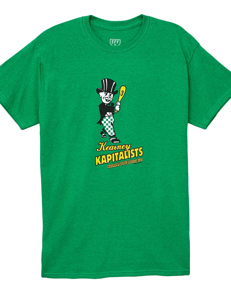 EFF’s Kearny Kapitalists 1914 T-Shirt: green tee with cartoon man in top hat holding a bat, plus “Kearny Kapitalists” and “Nebraska State League 1914” in yellow and white—ideal for Kearny baseball fans.