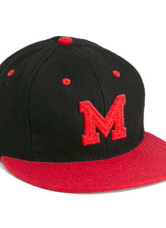The EFF University of Maryland 1939 Vintage Ballcap is a genuine wool hat with a black crown, red brim and button, and a large red M embroidered on the front, inspired by the original 1939 design.