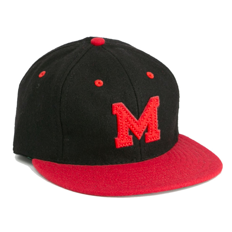 The EFF University of Maryland 1939 Vintage Ballcap is a genuine wool hat with a black crown, red brim and button, and a large red M embroidered on the front, inspired by the original 1939 design.