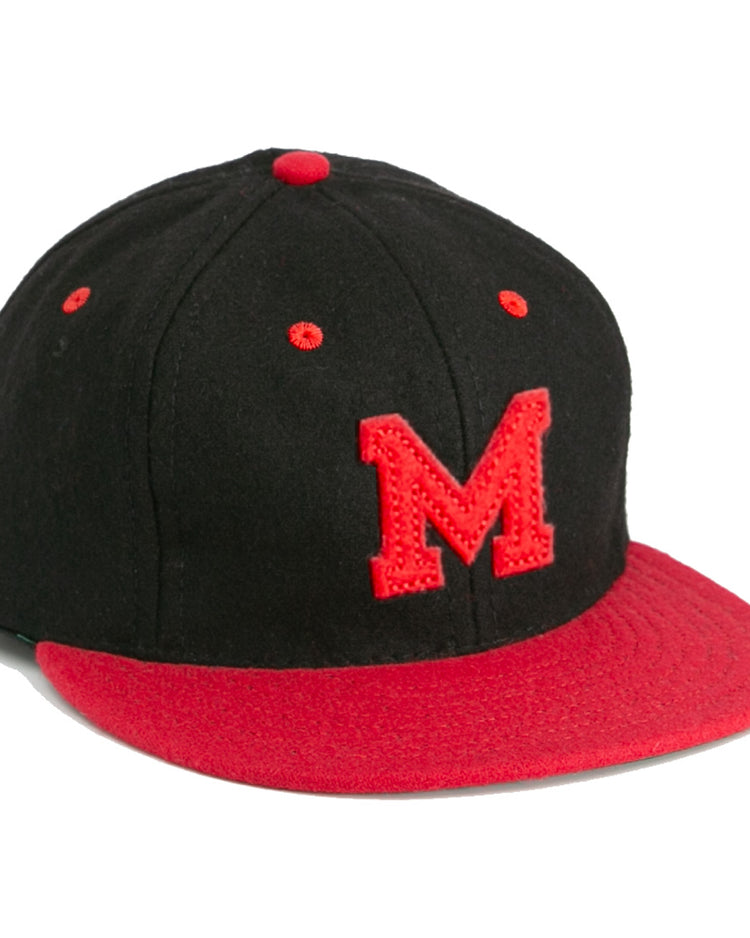 The EFF University of Maryland 1939 Vintage Ballcap is a genuine wool hat with a black crown, red brim and button, and a large red M embroidered on the front, inspired by the original 1939 design.