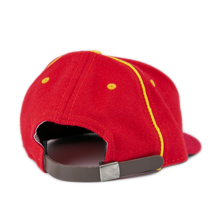 The EFF University of Maryland 1962 Vintage Ballcap in red features yellow stitching, yellow accents, and a brown adjustable strap with a silver clasp. Shown from the back against a plain white background.