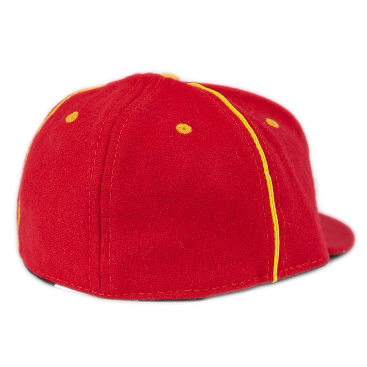 The EFF University of Maryland 1962 Vintage Ballcap in red features yellow stitching and embroidered eyelets, shown from the back and side on a white background.