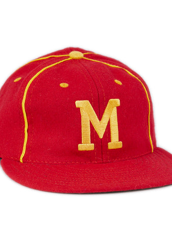 The EFF University of Maryland 1962 Vintage Ballcap is a genuine wool cap in red with yellow piping and a large yellow M embroidered on the front, capturing a classic, vintage baseball style.