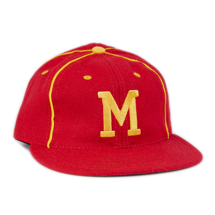 The EFF University of Maryland 1962 Vintage Ballcap is a genuine wool cap in red with yellow piping and a large yellow M embroidered on the front, capturing a classic, vintage baseball style.