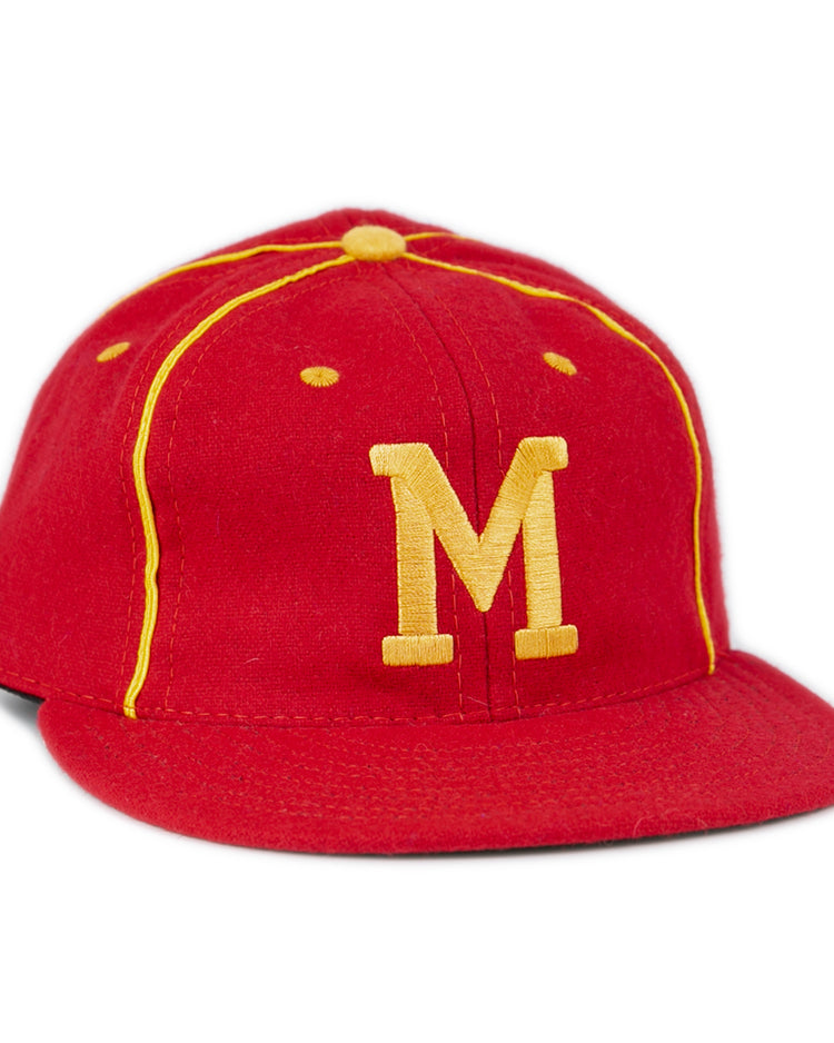 The EFF University of Maryland 1962 Vintage Ballcap is a genuine wool cap in red with yellow piping and a large yellow M embroidered on the front, capturing a classic, vintage baseball style.