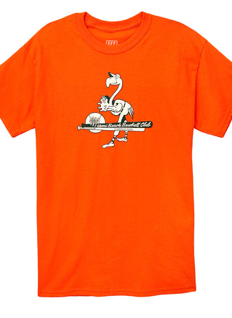 The EFF Miami Beach Flamingos 1954 T-Shirt is a bright orange tee with a cartoon flamingo holding a bat and glove, plus Miami Beach Flamingos Baseball Club text—a tribute to classic Florida International League teams.
