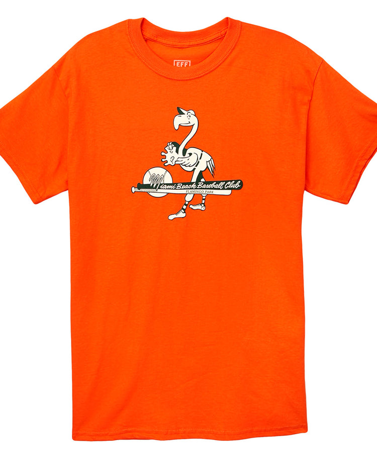 The EFF Miami Beach Flamingos 1954 T-Shirt is a bright orange tee with a cartoon flamingo holding a bat and glove, plus Miami Beach Flamingos Baseball Club text—a tribute to classic Florida International League teams.