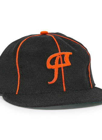 The EFF Montreal Black Panthers 1936 Vintage Ballcap is a black cap with orange piping, a stylized P on the front, flat brim, and small orange top button—classic Quebec Provincial League style.