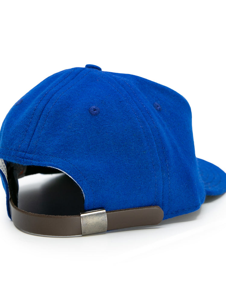 The EFF Memphis Red Sox 1944 Vintage Ballcap is a blue wool cap shown from the back, featuring a brown adjustable strap with a silver buckle, curved brim, visible stitching, and classic styling.