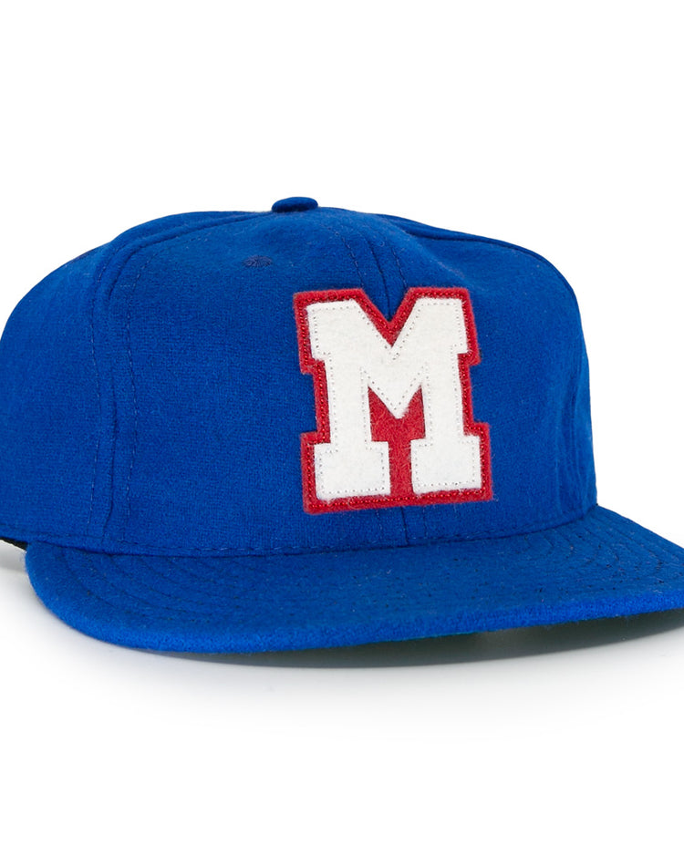 The EFF Memphis Red Sox 1944 Vintage Ballcap is a royal blue wool cap with a white, red-outlined M front, celebrating the Negro American League teams legacy.