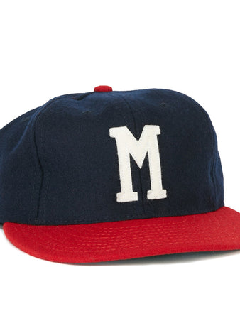 The EFF Milwaukee (AA) 1951 Vintage Ballcap is a navy wool cap with a red curved brim and a bold white M on the front, authentically reproducing the classic 1951 Milwaukee Brewers style.