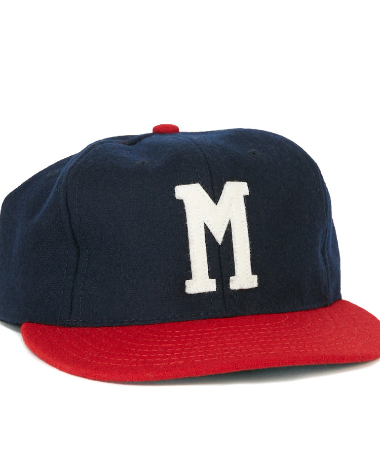 The EFF Milwaukee (AA) 1951 Vintage Ballcap is a navy wool cap with a red curved brim and a bold white M on the front, authentically reproducing the classic 1951 Milwaukee Brewers style.