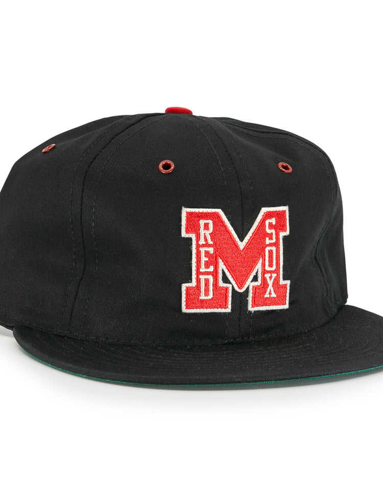 The EFF Memphis Red Sox Cotton Twill Ballcap features a black design with a red and white M on the front, RED SOX in white inside the letter, and red accents on the button and eyelets for a classic look.