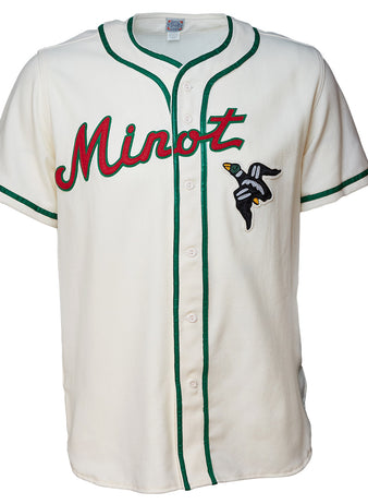 The EFF Minot Mallards 1958 Home Jersey is cream-colored with green trim, Minot in red script, and features a cartoon bee holding a bat, all on classic baseball wool flannel.
