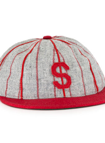 The Ebbets Field Flannels North Carolina State 1923 Vintage Ballcap features a gray body with red pinstripes, a red brim, and a bold red S on the front, inspired by the classic 1923 design.