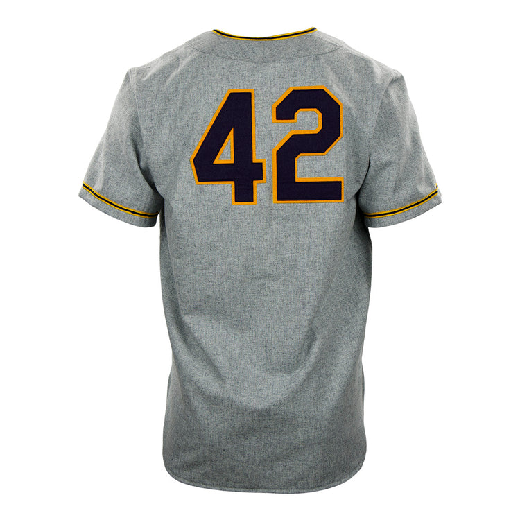 The University of Notre Dame 1956 Road Jersey by EFF is shown from behind, featuring a gray design with yellow trim and large navy blue and yellow outlined number 42 on the back.