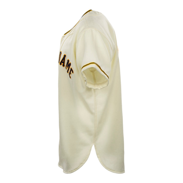 The EFF University of Notre Dame 1956 Home Jersey is a cream, short-sleeve flannel with gold and black sleeve trim and partial chest text, shown side-on against a white background.