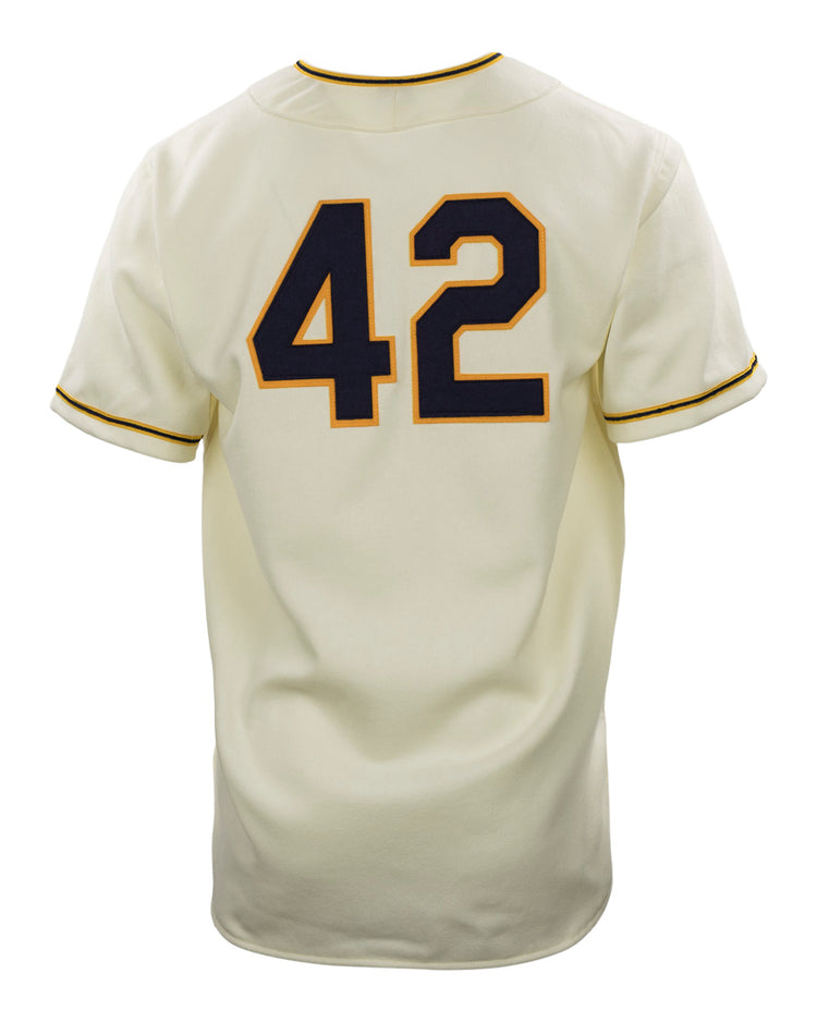 A cream-colored EFF University of Notre Dame 1956 Home Jersey shown from the back, featuring a large dark blue number 42 with a gold outline.