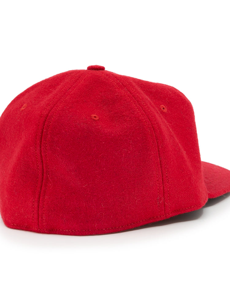 The University of Nebraska 1958 Vintage Ballcap by Ebbets Field Flannels is shown from the back, featuring a plain red design with a curved brim and no visible logos or markings.