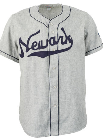 The EFF Newark Eagles 1942 Road Jersey is a gray button-up with “Newark” in navy script, dark piping, and short sleeves—a vintage style honoring Larry Doby and the Negro National Leagues legacy.