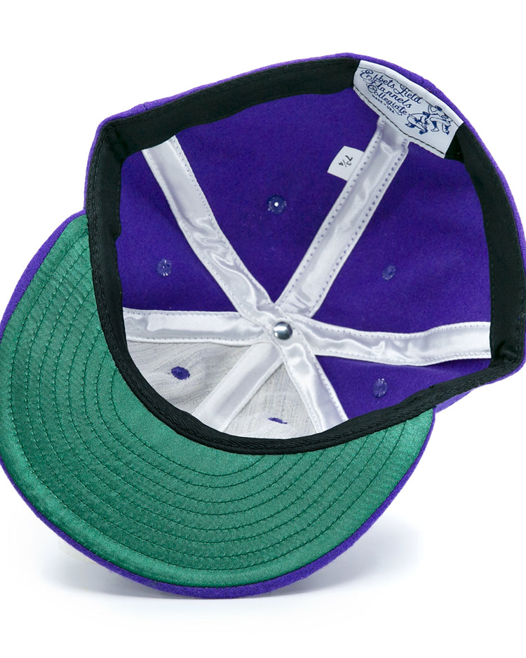 The EFF Northwestern University 1961 Vintage Ballcap, shown upside down on a white background, displays its purple wool fabric, green under-brim, white stitching, and inner band tags.