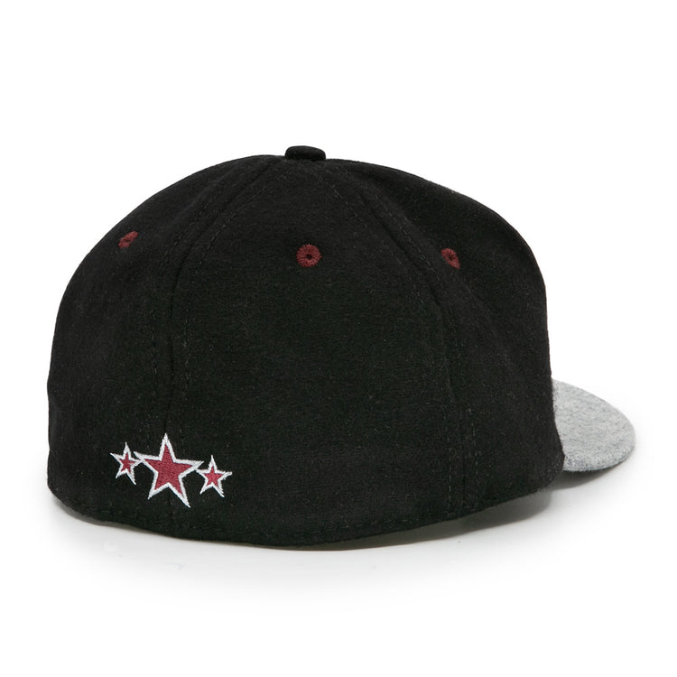 The EFF Nashville Stars 2021 Road Ballcap is shown from the back, featuring a black crown, gray brim, and three embroidered red and white stars near the bottom edge as a tribute to Music City Baseball and the Negro Leagues.