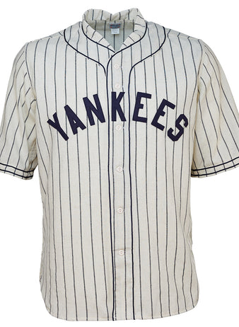 The EFF New York Black Yankees 1935 Home Jersey features classic white pinstripes, bold YANKEES lettering in navy across the chest, and front buttons, echoing the original Negro National League team style.