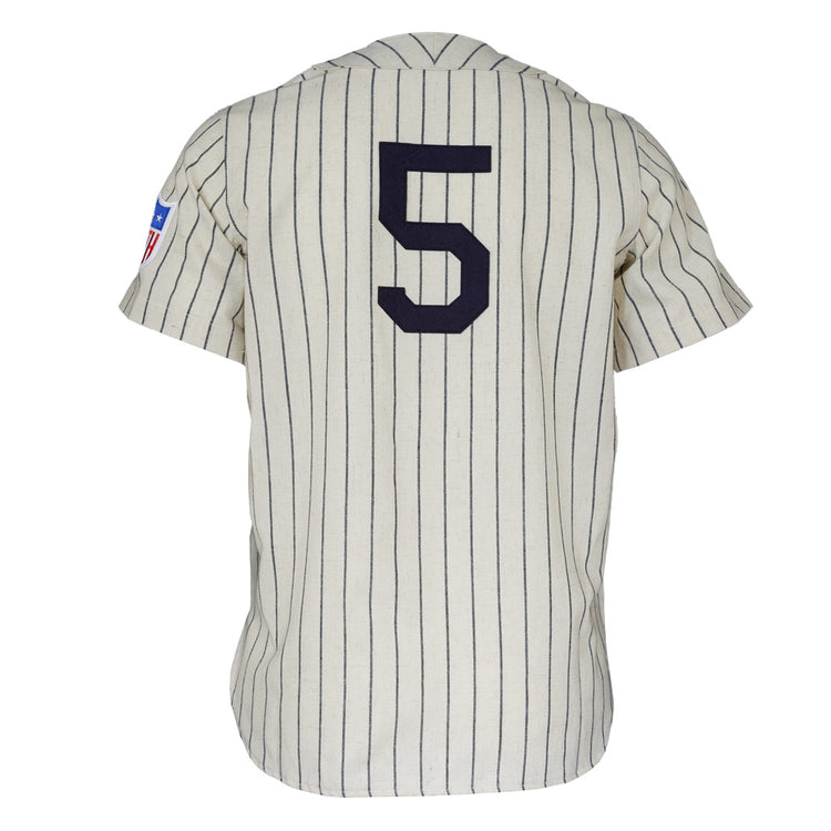 The EFF New York Black Yankees 1942 Home Jersey is cream-colored with pinstripes, showcases a navy number 5 on the back, and features a Negro National League patch on the left sleeve.