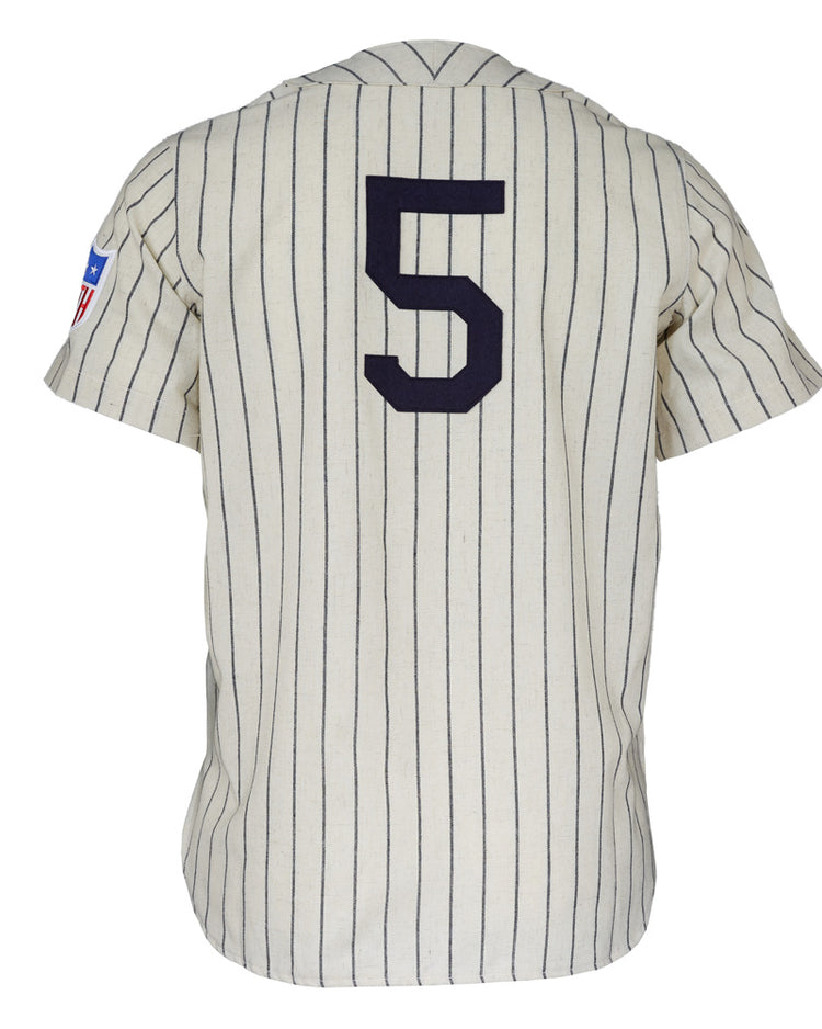 The EFF New York Black Yankees 1942 Home Jersey is cream-colored with pinstripes, showcases a navy number 5 on the back, and features a Negro National League patch on the left sleeve.
