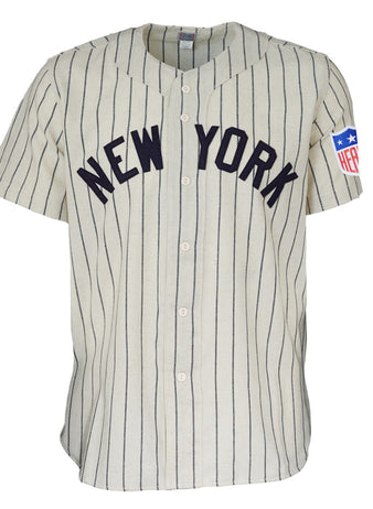 The EFF New York Black Yankees 1942 Home Jersey features a vintage white design with navy pinstripes, “NEW YORK” on the chest, and a “HEP” patch with stars on the sleeve—honoring the Negro National League team’s legacy.