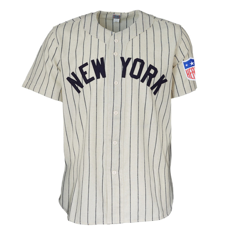 The EFF New York Black Yankees 1942 Home Jersey features a vintage white design with navy pinstripes, “NEW YORK” on the chest, and a “HEP” patch with stars on the sleeve—honoring the Negro National League team’s legacy.