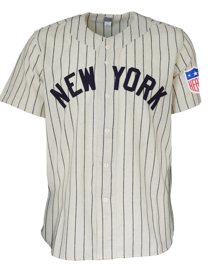The EFF New York Black Yankees 1942 Home Jersey features a vintage white design with navy pinstripes, “NEW YORK” on the chest, and a “HEP” patch with stars on the sleeve—honoring the Negro National League team’s legacy.