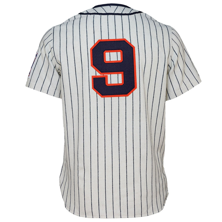 The EFF New York Knights 1939 Home Jersey features white fabric with navy pinstripes and a bold red number 9 on the back—ideal for Roy Hobbs fans or The Natural costumes.