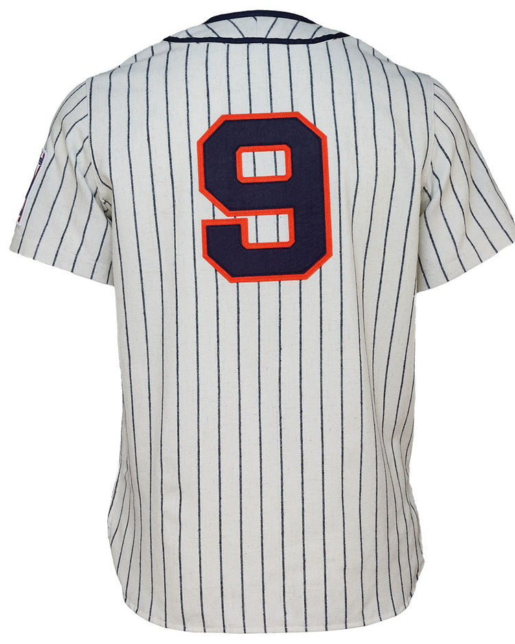 The EFF New York Knights 1939 Home Jersey features white fabric with navy pinstripes and a bold red number 9 on the back—ideal for Roy Hobbs fans or The Natural costumes.
