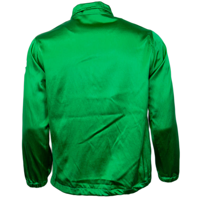 The EFF Oakland As 1971 Satin Windbreaker features a vibrant green hue, long sleeves, a collar, and gathered waistband and cuffs—perfect for fans of vintage MLB jackets.
