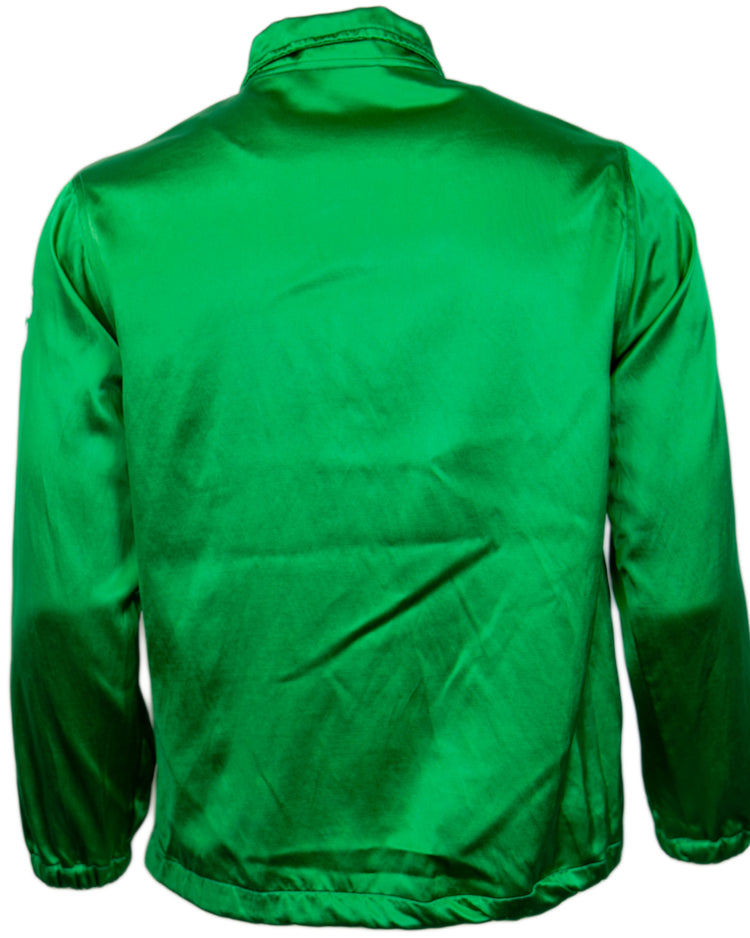 The EFF Oakland As 1971 Satin Windbreaker features a vibrant green hue, long sleeves, a collar, and gathered waistband and cuffs—perfect for fans of vintage MLB jackets.