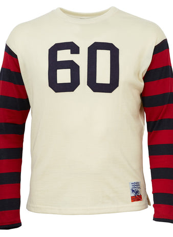 The EFF University of Pennsylvania 1948 Authentic Football Jersey features a cream body, black number 60 on the chest, red and black striped long sleeves, and a small white tag with blue and red text near the bottom hem.