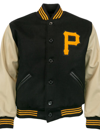The EFF Pittsburgh Pirates 1960 Authentic Jacket features black fabric, cream leather sleeves, yellow and black striped cuffs and collar, plus a large yellow P on the left chest.