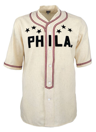 The EFF Philadelphia Stars 1934 Jersey is a vintage-style cream jersey with red trim, black buttons, PHILA. in bold black letters on the chest, and four black stars above—an authentic reproduction of a classic Negro National League design.