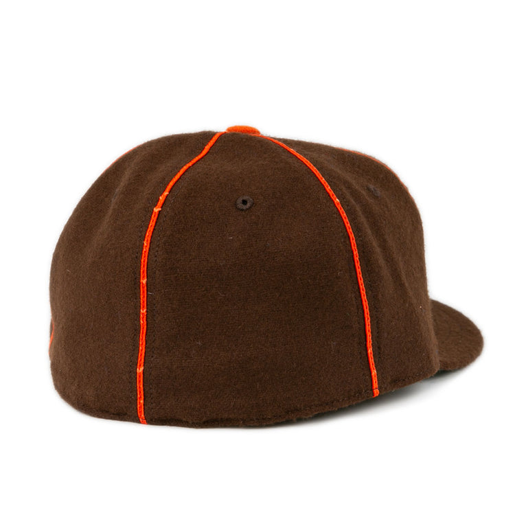 The EFF Pocatello Bannocks 1952 Vintage Ballcap, crafted in brown wool with orange stitching, is displayed from the back against a white background.