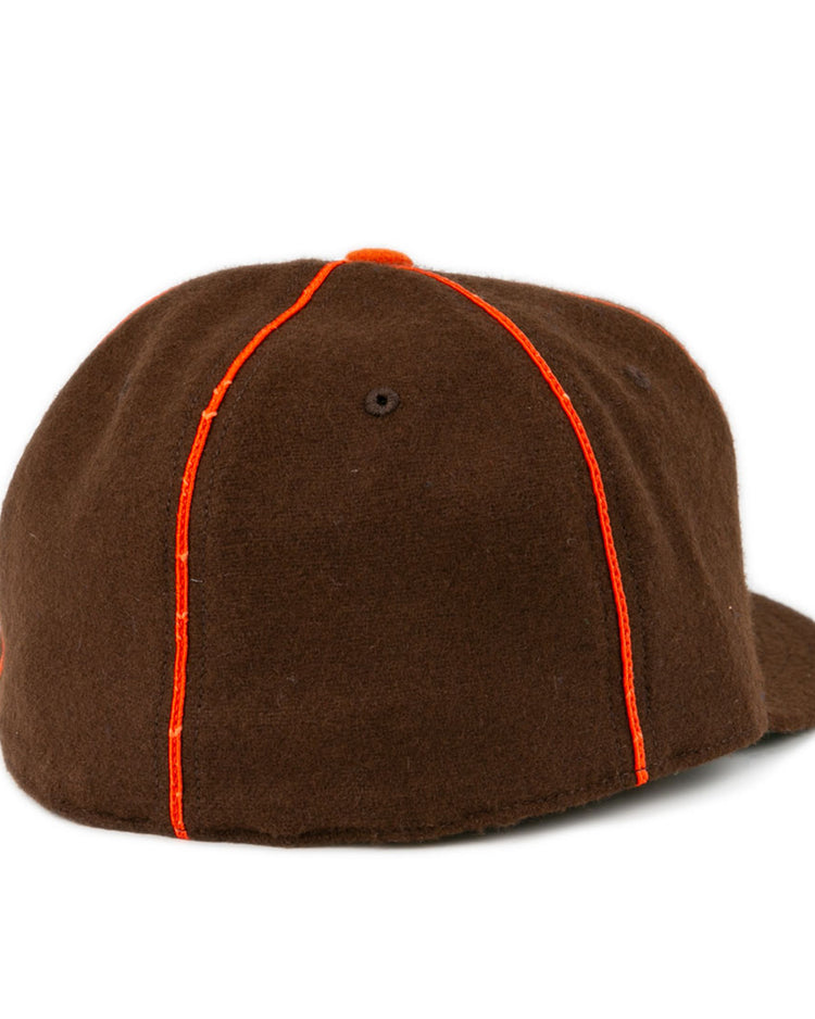 The EFF Pocatello Bannocks 1952 Vintage Ballcap, crafted in brown wool with orange stitching, is displayed from the back against a white background.