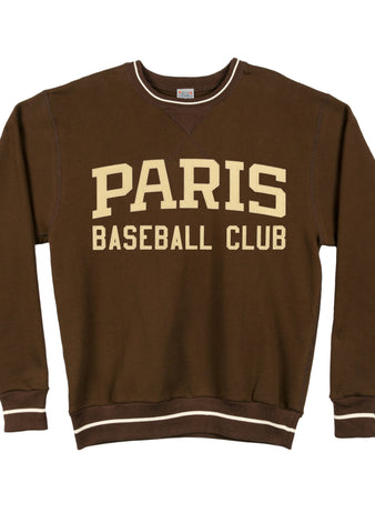 The EFF Paris Baseball Club Vintage Crewneck Sweatshirt features brown fabric, beige collar, cuffs, and hem, and bold PARIS BASEBALL CLUB lettering—a tribute to the historic Class C team from Paris, Texas.