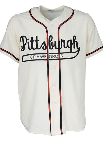 The EFF Pittsburgh Crawfords 1938 Home Jersey is a vintage-style white jersey with black and red trim, featuring bold Pittsburgh Crawfords text on the front.