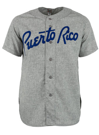 EFF Puerto Rico 1958 Road Jersey: gray short-sleeve button-up featuring blue Puerto Rico script across the chest, inspired by classic Roberto Clemente designs.