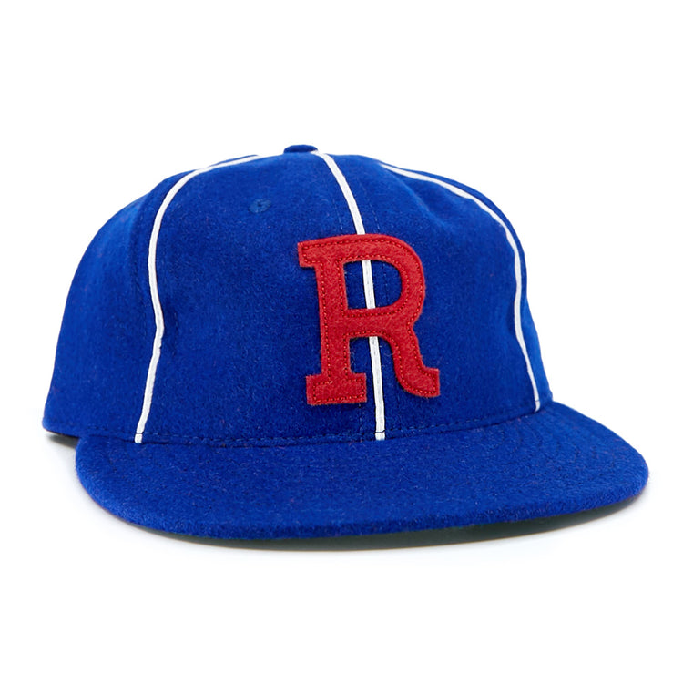The EFF Seattle Rainiers 1941 Vintage Ballcap features blue fabric, white pinstripes, and a red “R” front embroidery—perfect for Pacific Coast League fans.