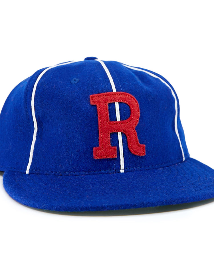 The EFF Seattle Rainiers 1941 Vintage Ballcap features blue fabric, white pinstripes, and a red “R” front embroidery—perfect for Pacific Coast League fans.