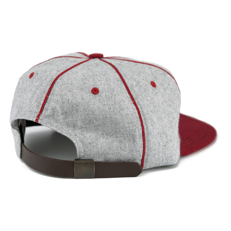 The EFF San Francisco Post Office 1939 Vintage Ballcap is gray with maroon accents and stitching, shown from the back with a brown adjustable leather strap and metal buckle.